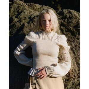 Nary Rohnea Linen Shirring Turtleneck Blouse Womens XS Cream Ruffled Puff Sleeve